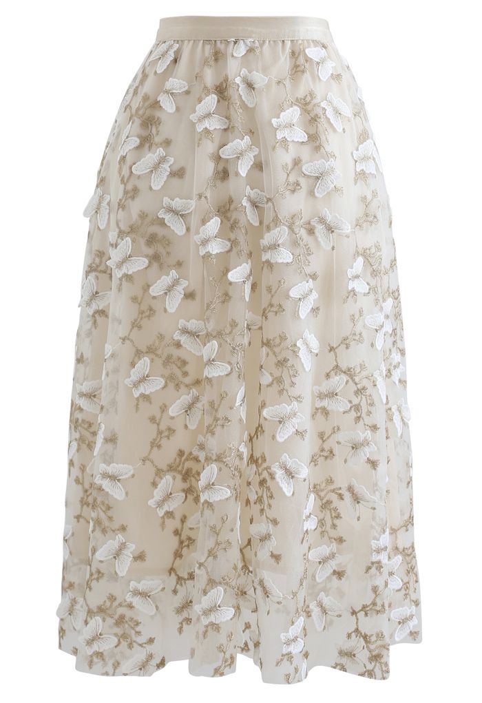 Falda de tul de doble capa con bordado de mariposas en 3D en color crema