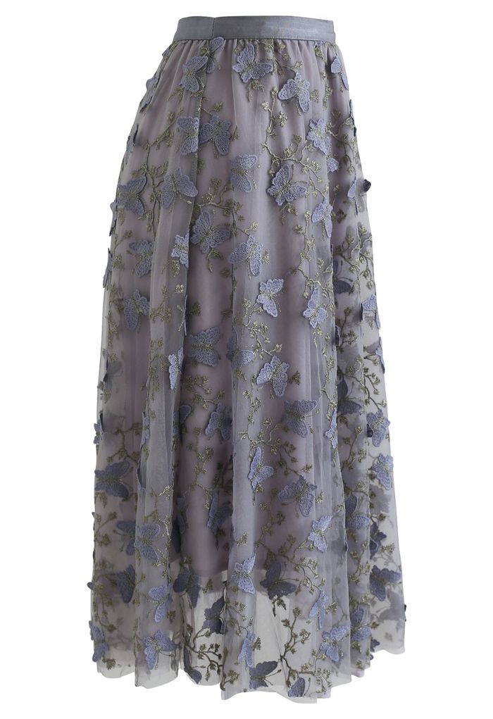 Falda de tul de doble capa con bordado de mariposas en 3D en gris