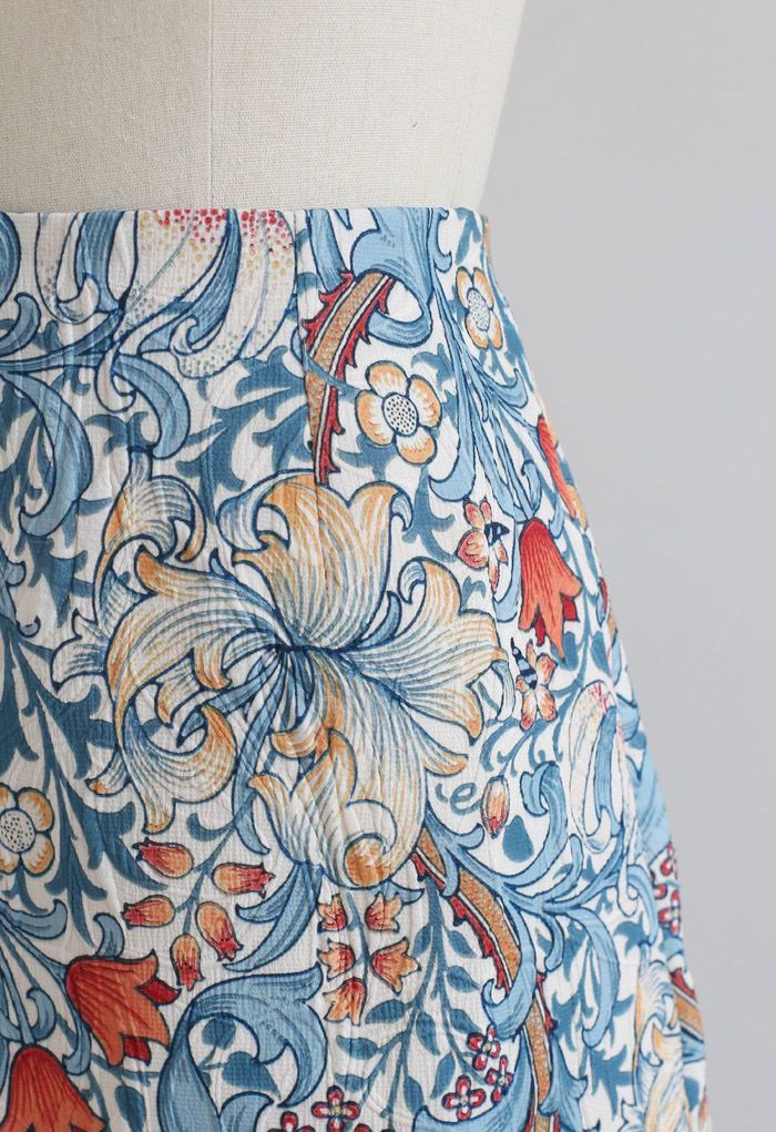Falda con estampado de tulipanes en relieve en azul