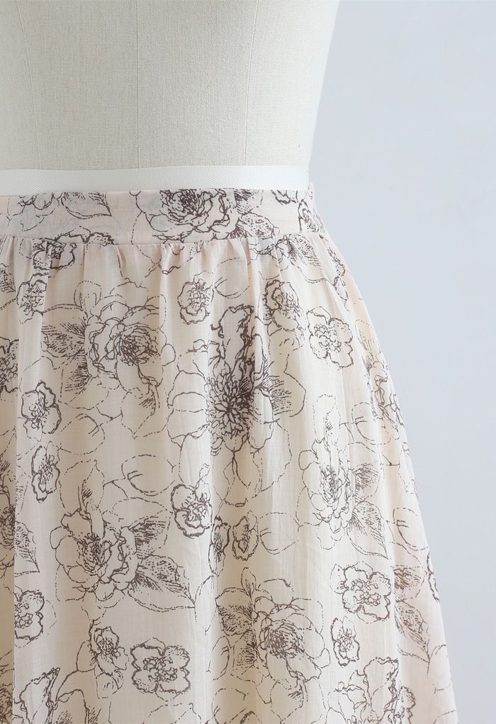 Falda larga con dobladillo con volantes florales estéticos en tostado claro