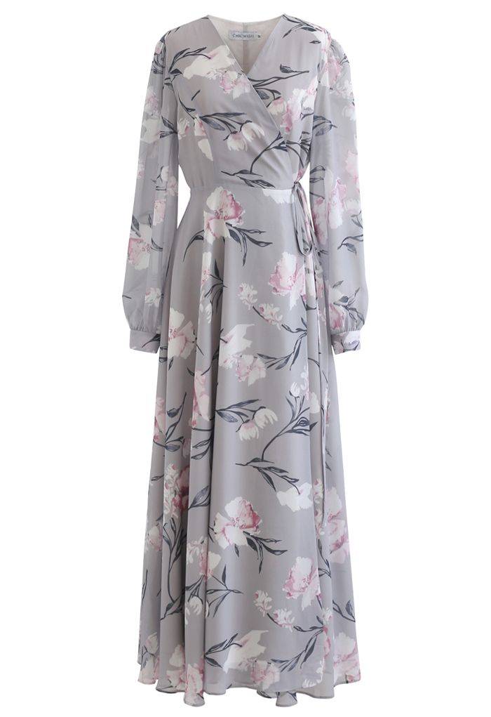 Impresionante vestido maxi de gasa con estampado floral gris