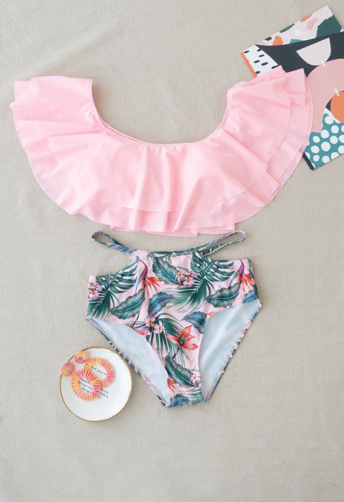 Conjunto de bikini con hombros escalonados y estampado tropical para mamá y niños