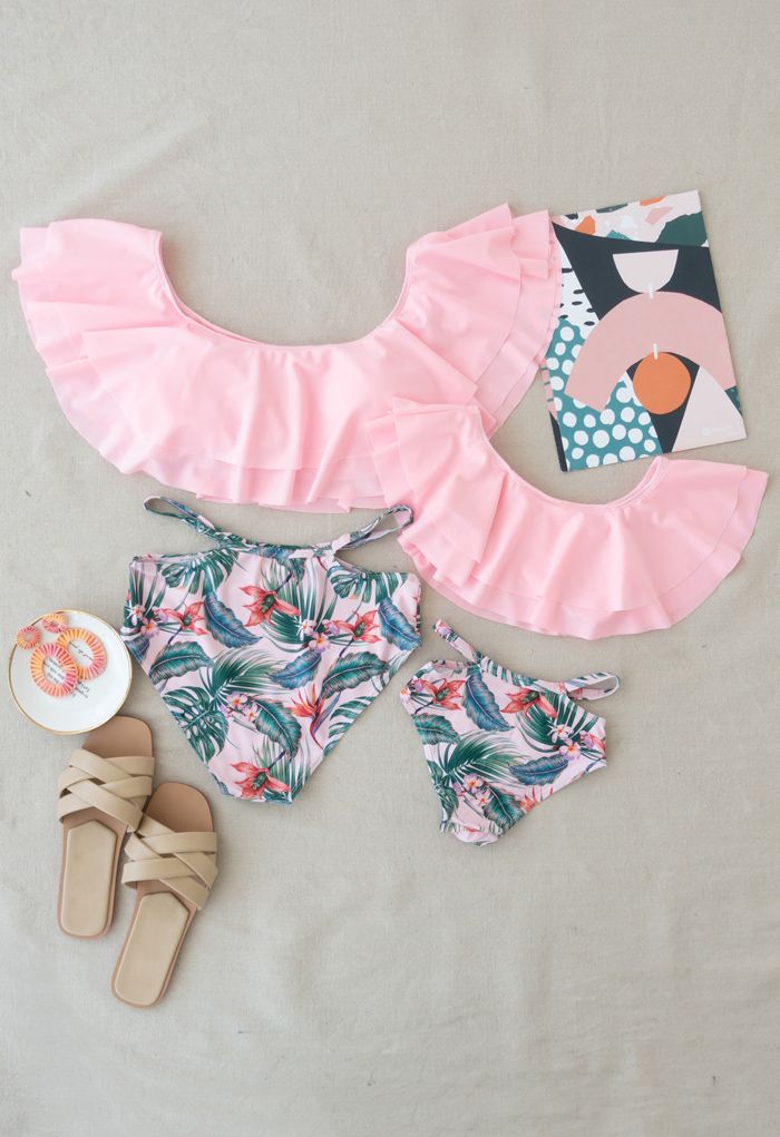 Tiered Shoulder Tropical Print Bikini Set for Mommy & Kids