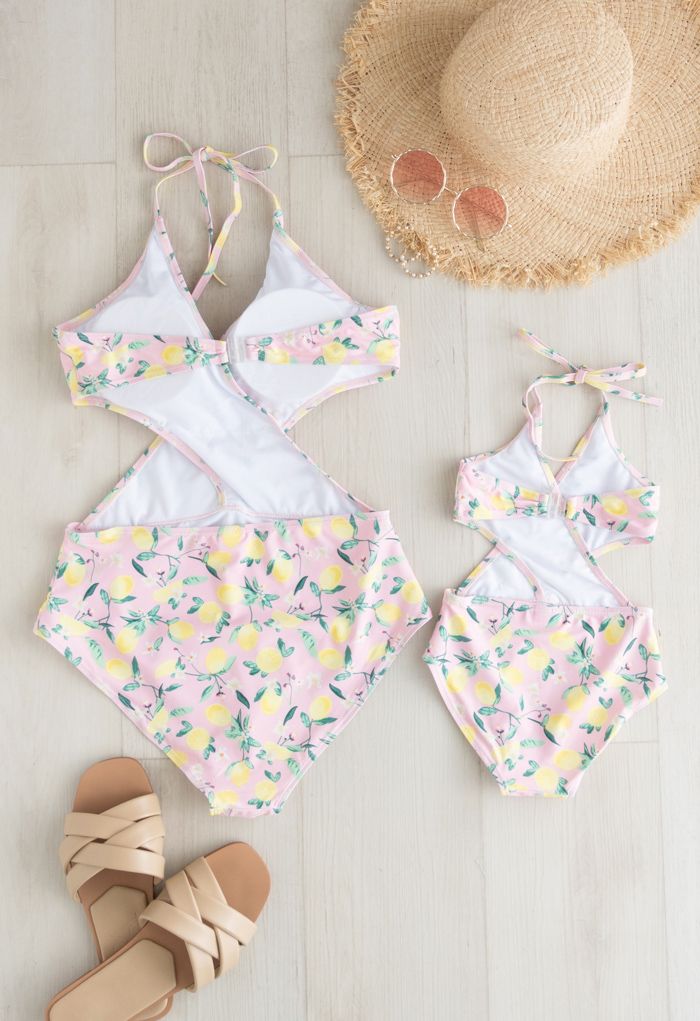 Lemon Print Halter Neck Swimsuit for Mommy & Kids