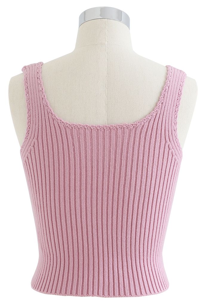 Camiseta sin mangas corta abotonada de punto acanalado en rosa