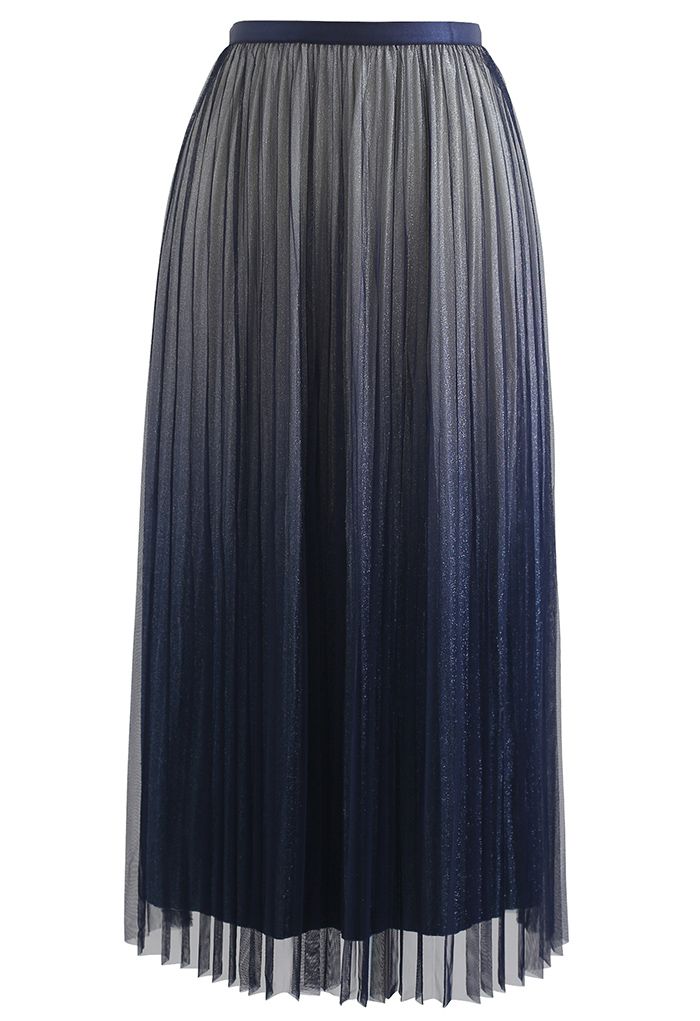 Falda de malla plisada con forro brillante degradado en azul marino