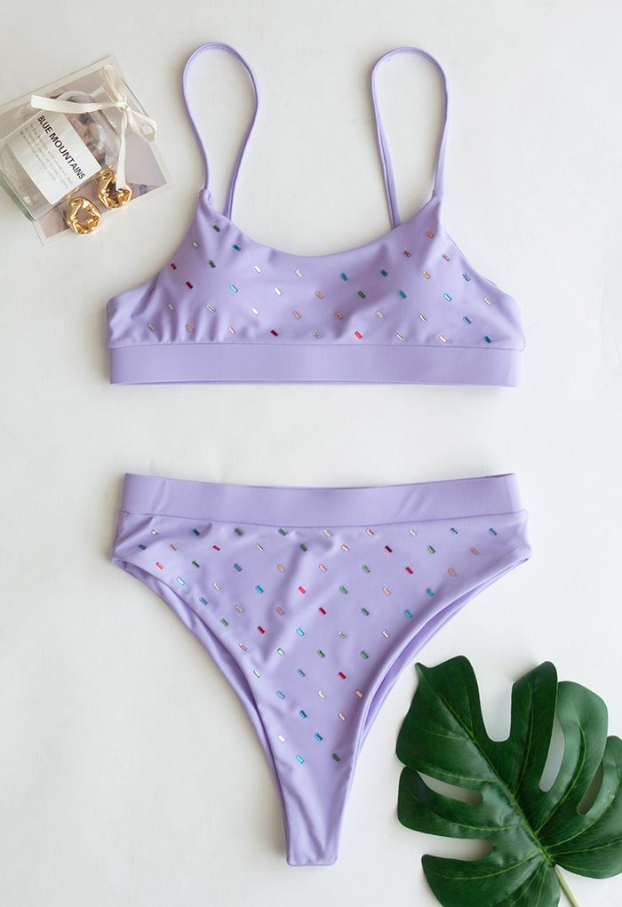 Conjunto de bikini de tirantes con lentejuelas de colores en lila