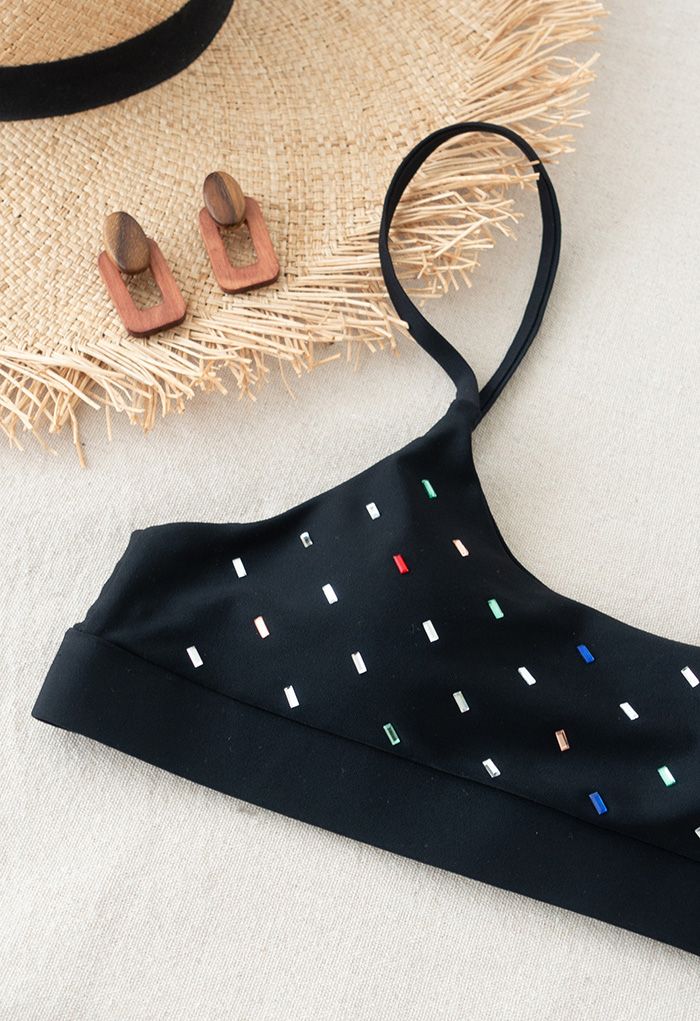 Conjunto de bikini estilo camisola con lentejuelas de colores en negro