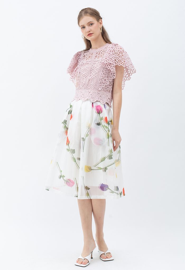 Falda midi plisada de organza con estampado de rosas