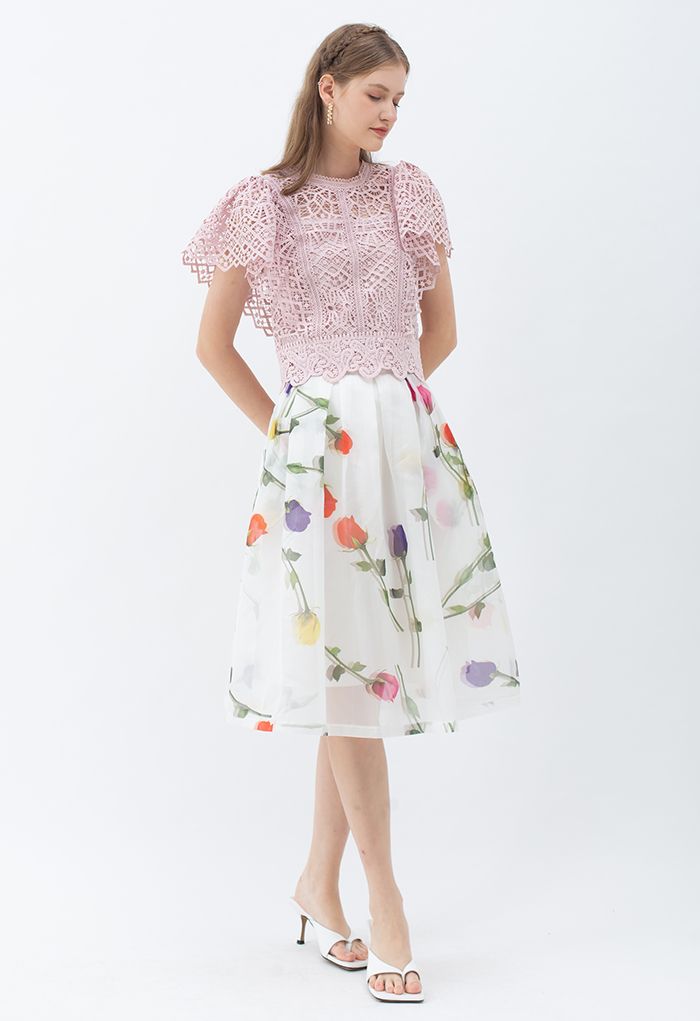 Falda midi plisada de organza con estampado de rosas