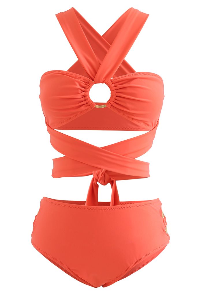 Conjunto de bikini de cuello halter O-Ring en naranja