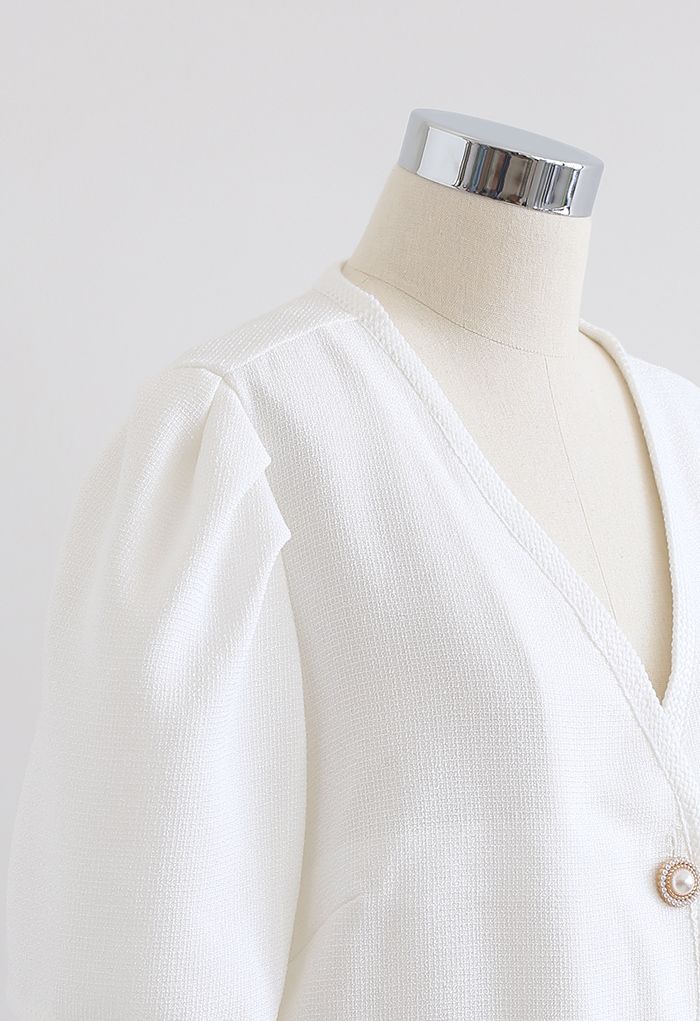 Blazer de tweed de manga corta con botones nacarados en blanco