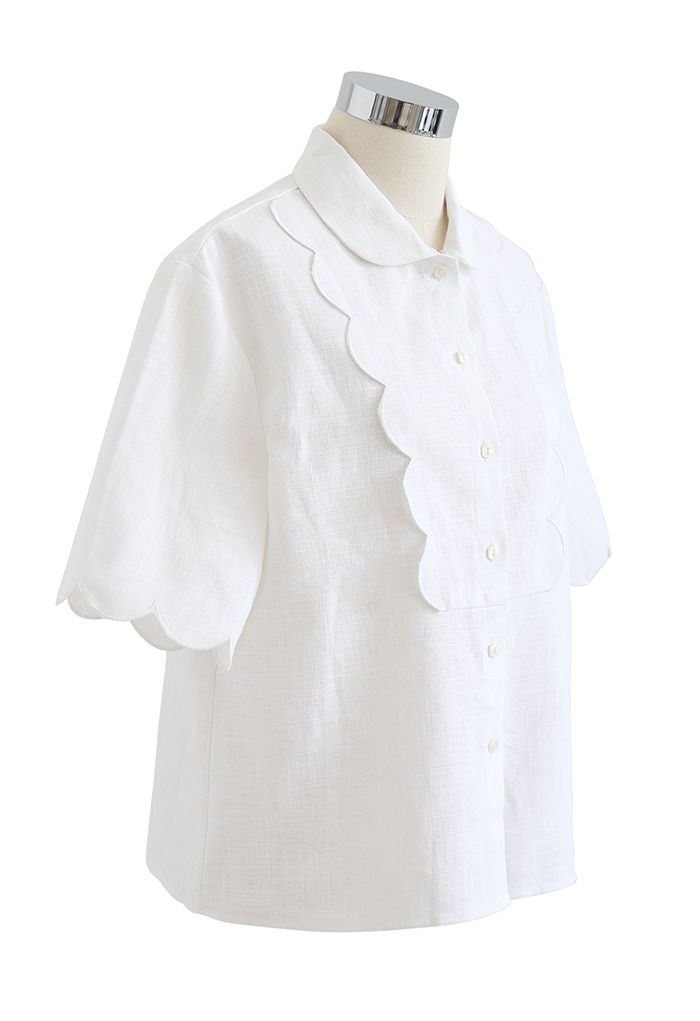 Camisa de mezcla de lino con ribete bordado festoneado