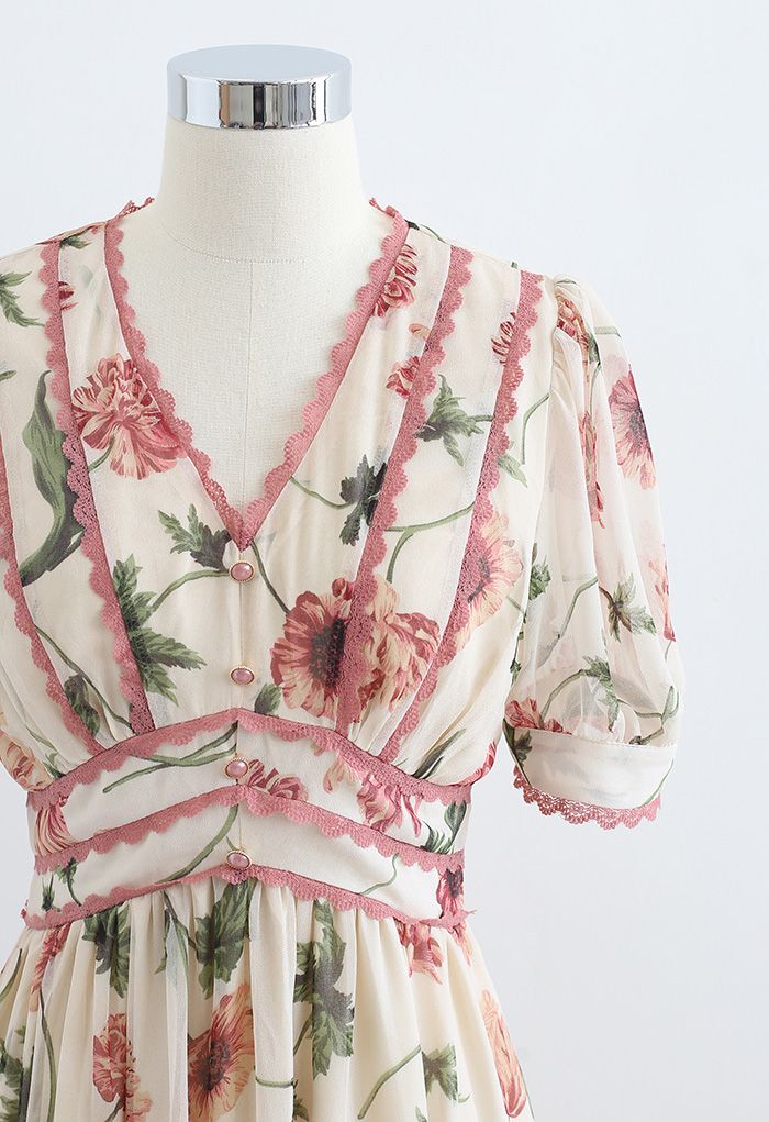Vestido de gasa estampado floral con borde de encaje