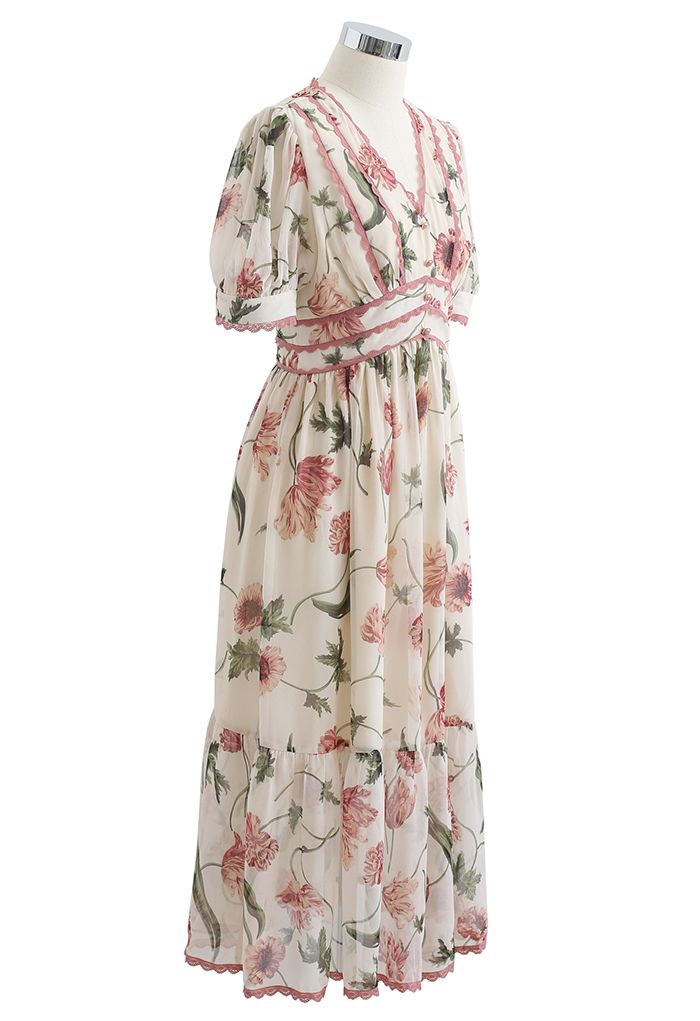 Vestido de gasa estampado floral con borde de encaje