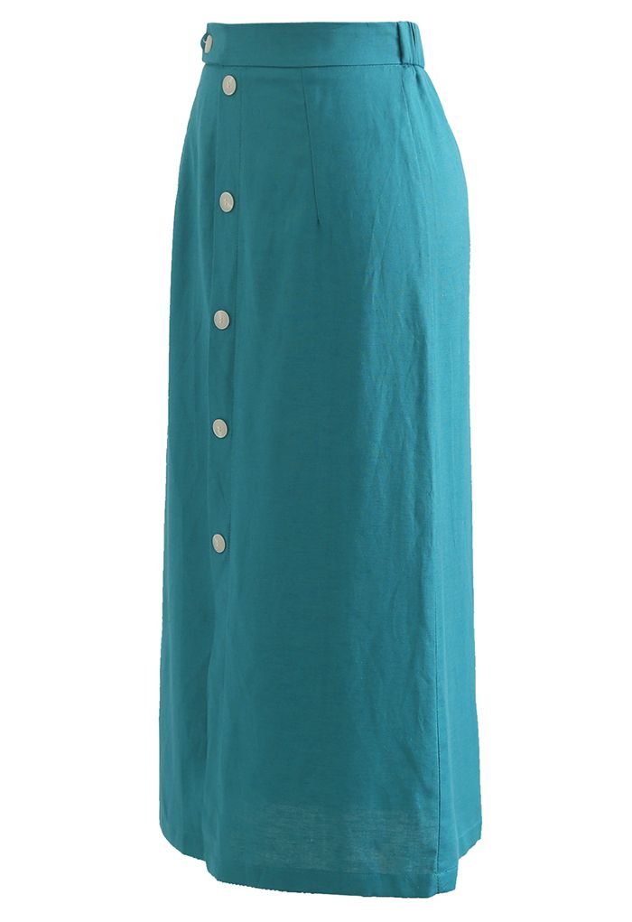 Falda midi adornada con botones y abertura delantera en verde azulado