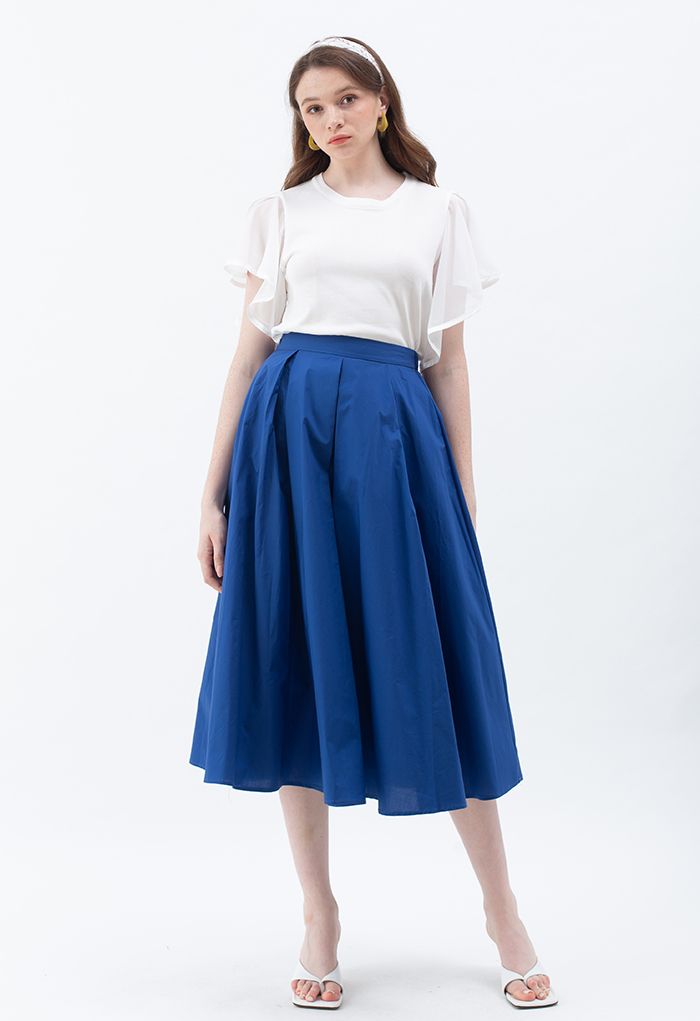 Falda midi plisada de cintura alta con pliegues en azul