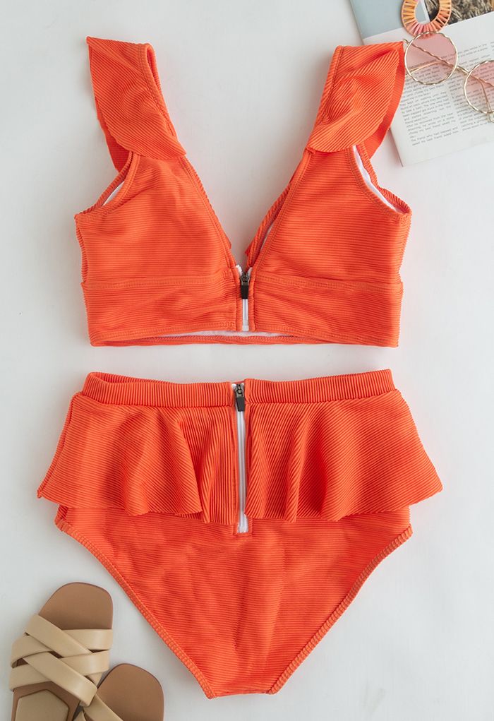 Conjunto de bikini con volantes en la espalda con cremallera en naranja
