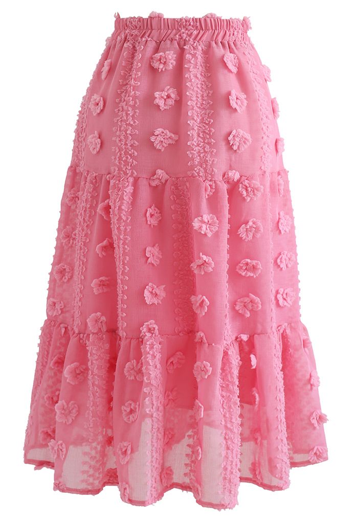 Falda de malla con dobladillo con volantes de flores de algodón en rosa