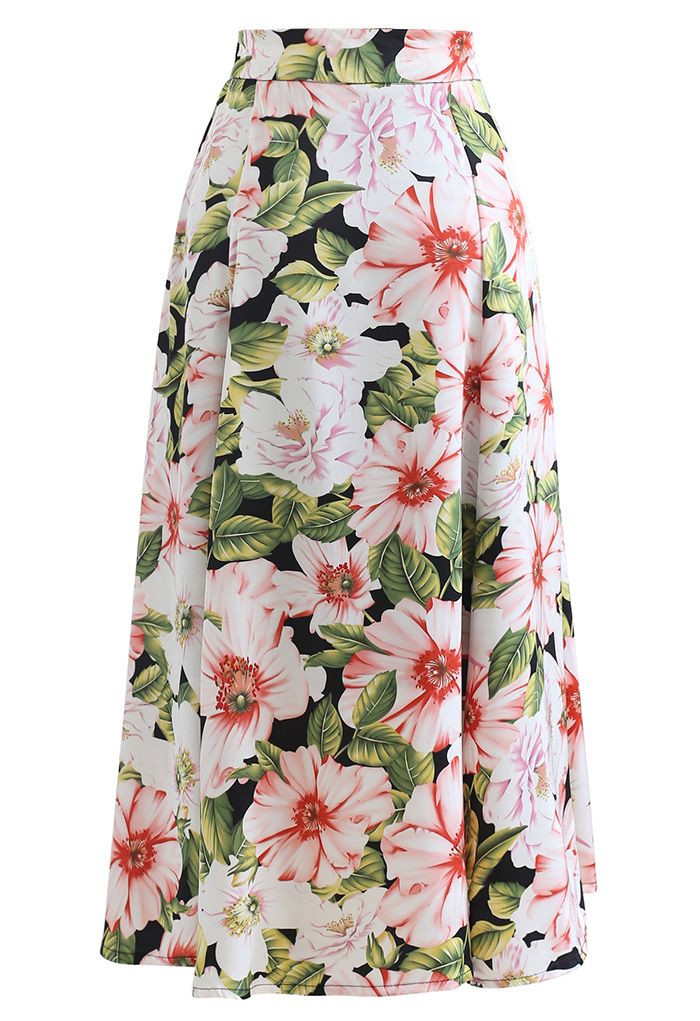 Encantadora falda midi de satén con estampado de flores