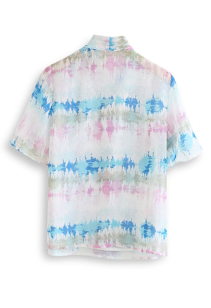 Camisa semitransparente con lazo y puntos flocados con estampado abstracto en rosa