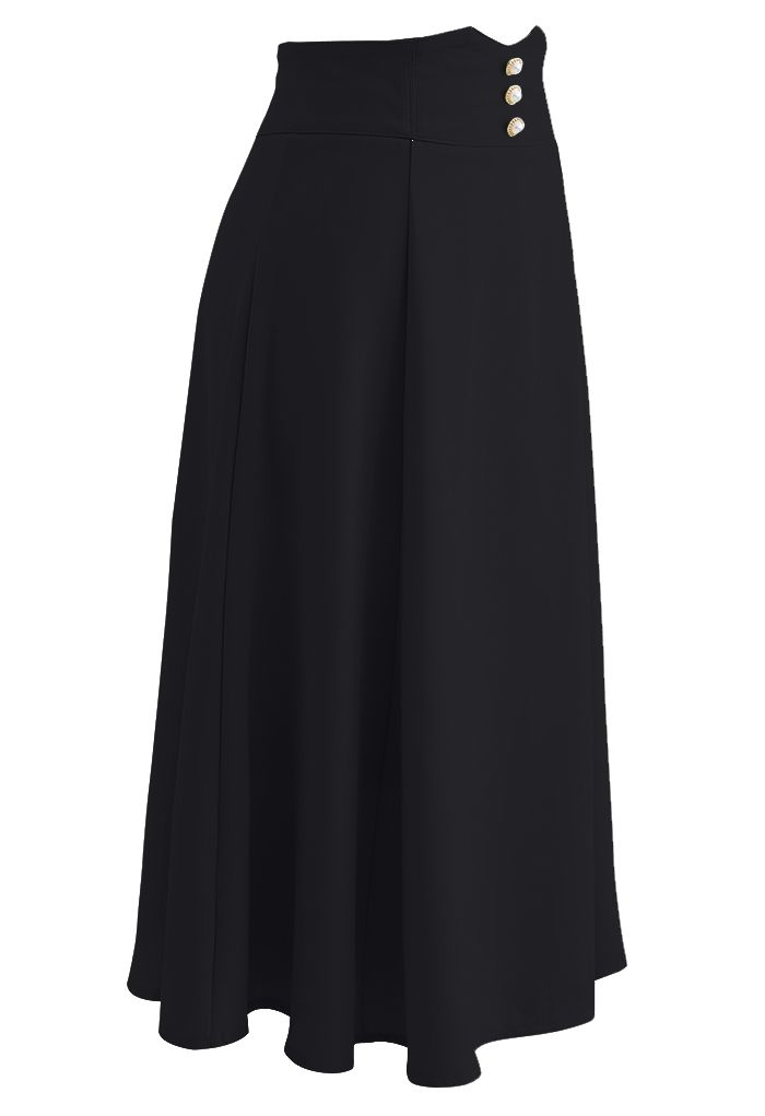 Falda midi acampanada con detalle de costura en la cintura nacarada en negro
