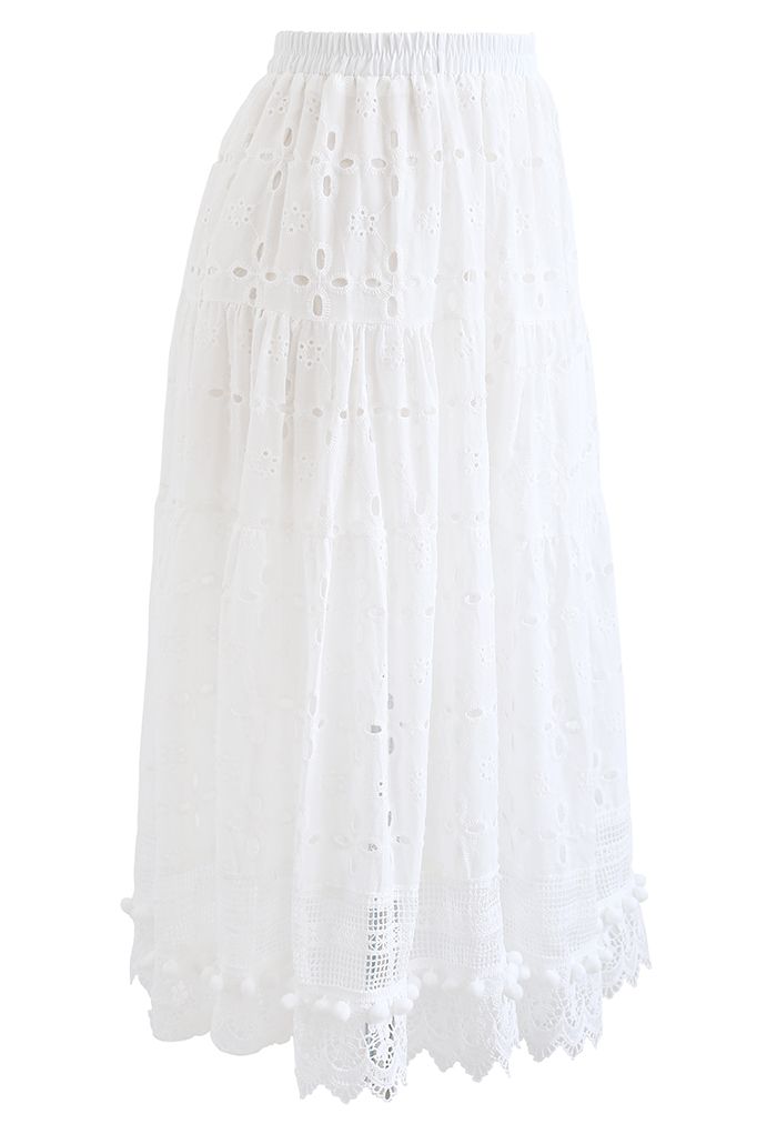 Falda midi de algodón con bordado de pompones en blanco