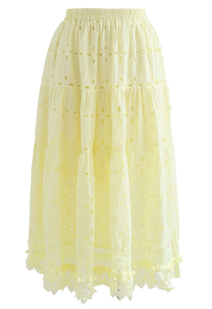 Falda midi de algodón bordado con pompones en amarillo