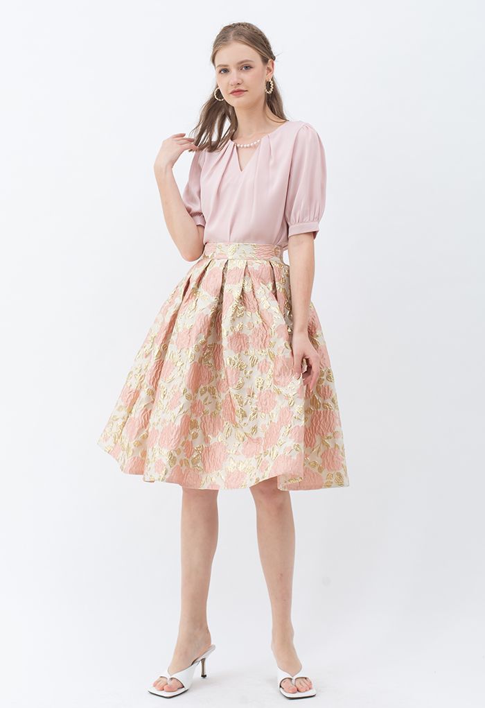 Encantadora falda plisada en relieve de jacquard rosa