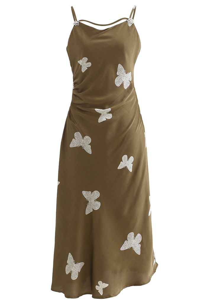 Vestido camisero de satén elegante con estampado de mariposas en verde oliva