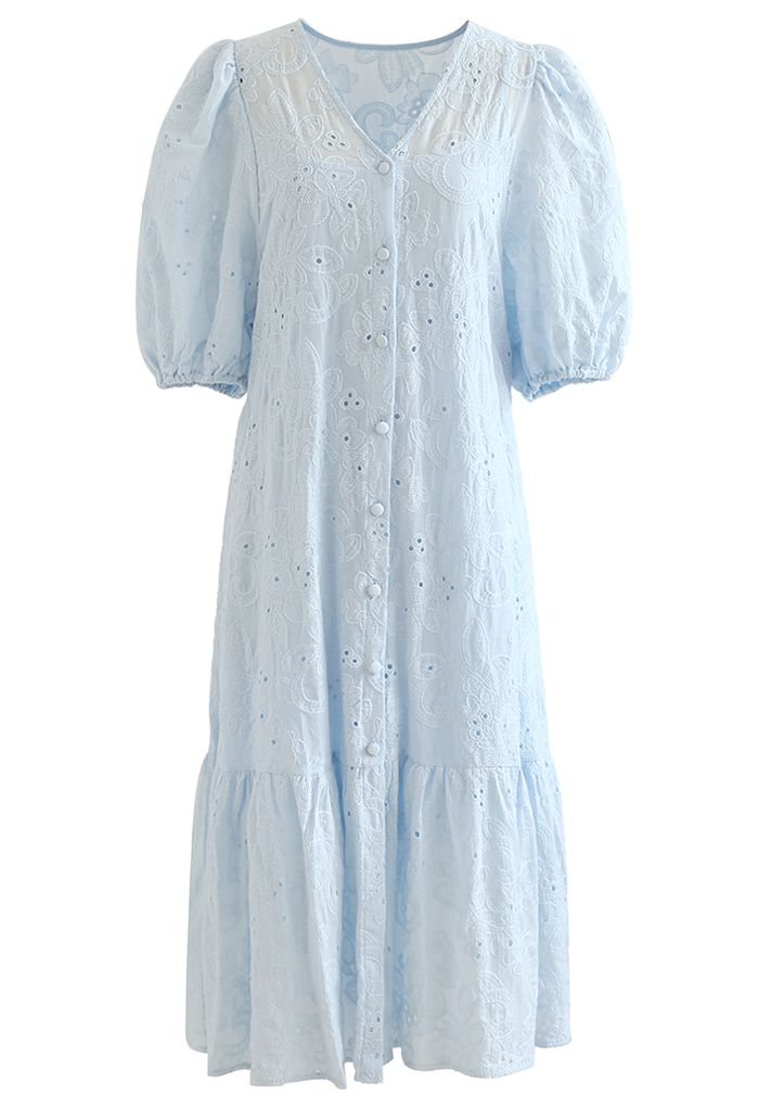 Vestido Dolly bordado con manga de burbuja y botones en azul