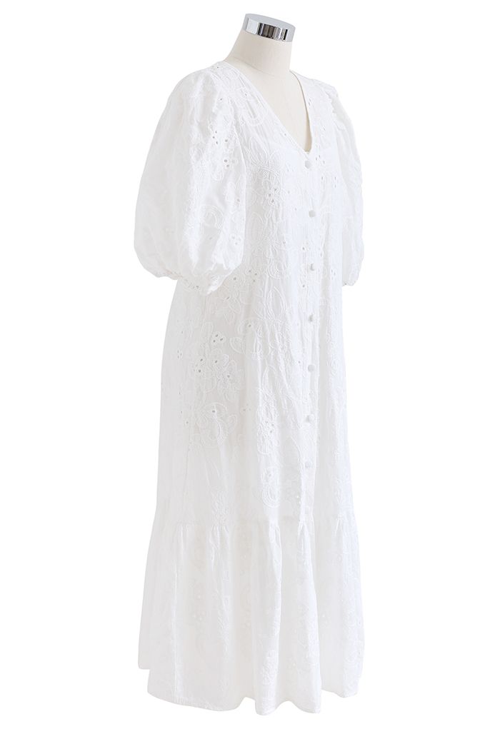Vestido Dolly bordado con manga de burbuja y botones en blanco