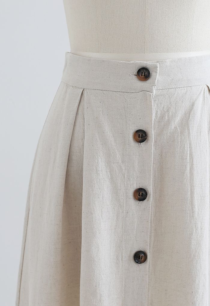 Falda midi evasé de algodón con botones delanteros en lino
