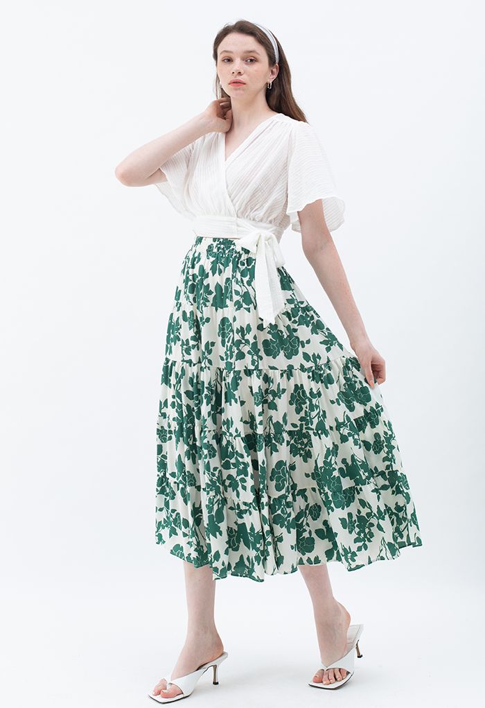 Falda larga con volantes de boceto floral en verde