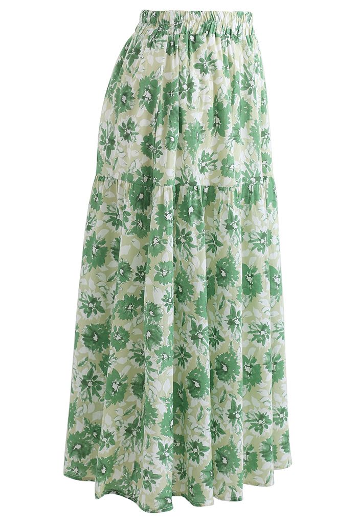 Falda midi de algodón con estampado floral en verde