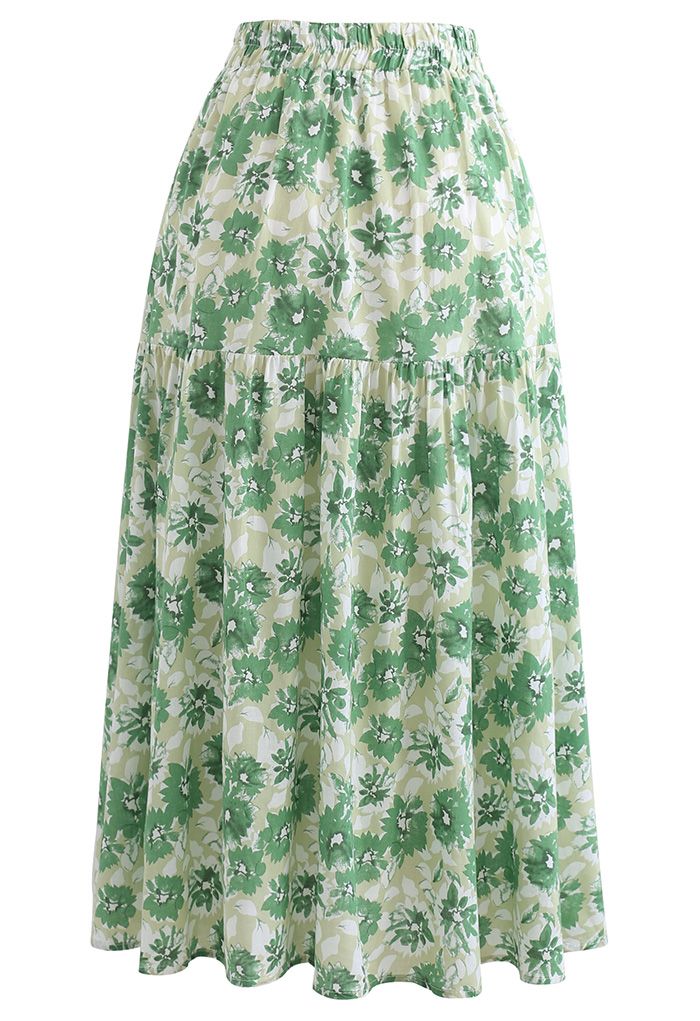 Falda midi de algodón con estampado floral en verde