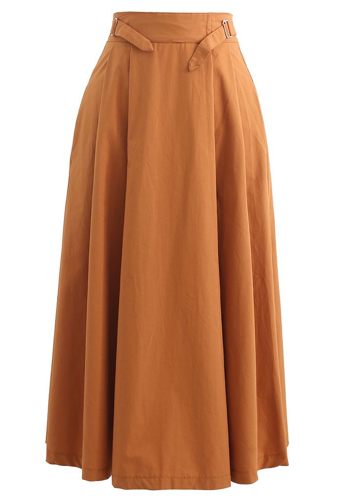 Falda midi de algodón plisada con cinturón en naranja