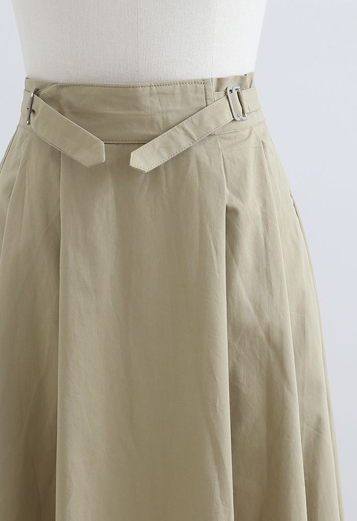 Falda midi de algodón plisada con cinturón en tostado
