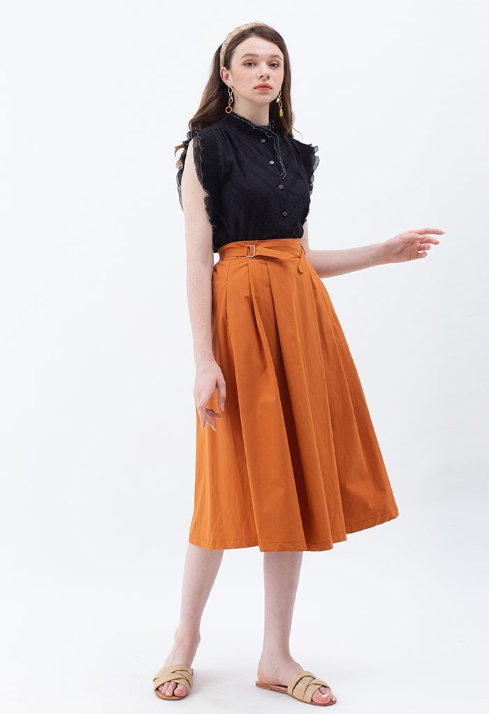 Falda midi de algodón plisada con cinturón en naranja