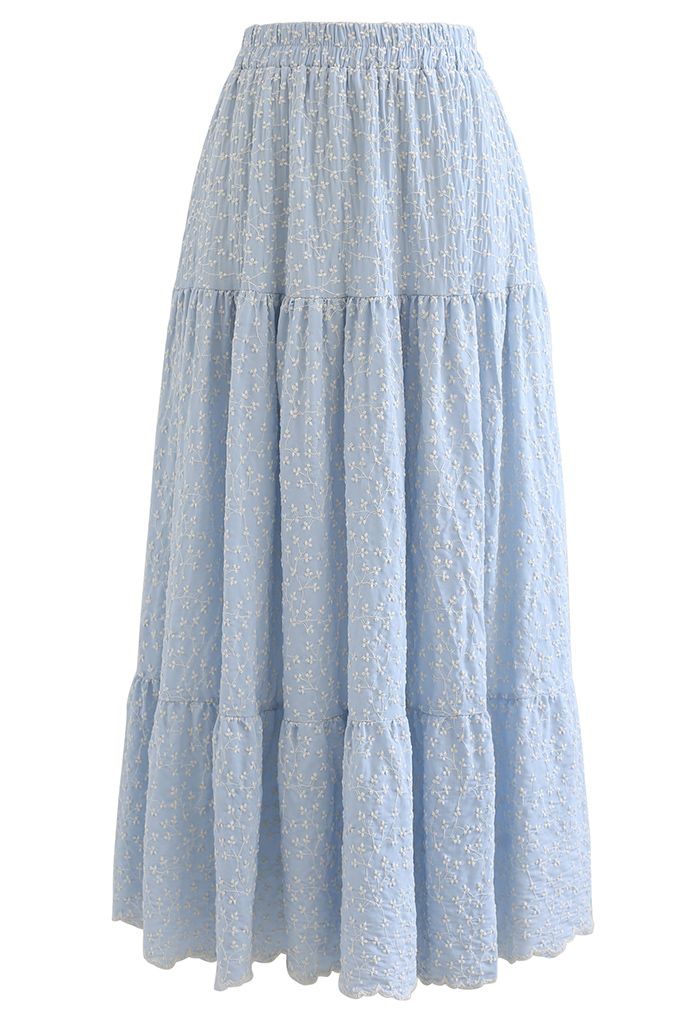 Falda de algodón con volantes de flores bordadas en azul claro