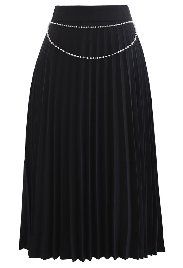 Falda midi plisada con cadena drapeada en negro