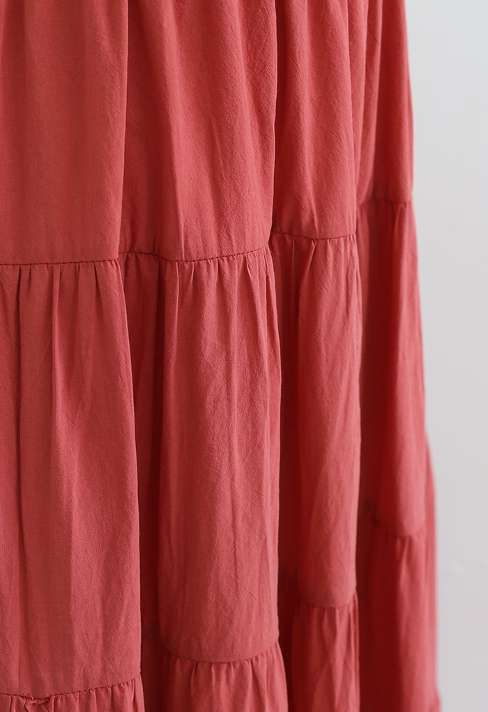 Falda midi de algodón con volantes en color liso en rojo