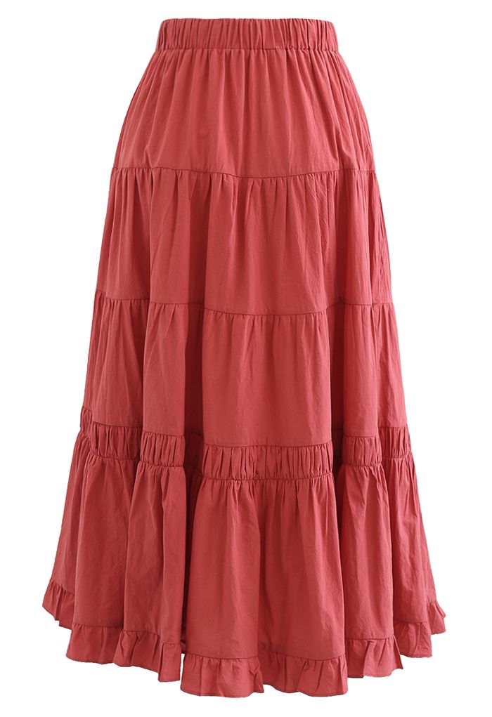 Falda midi de algodón con volantes en color liso en rojo