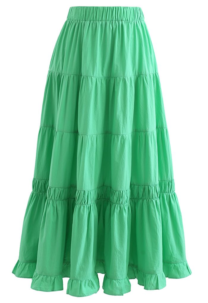 Falda midi de algodón con volantes en color liso en verde