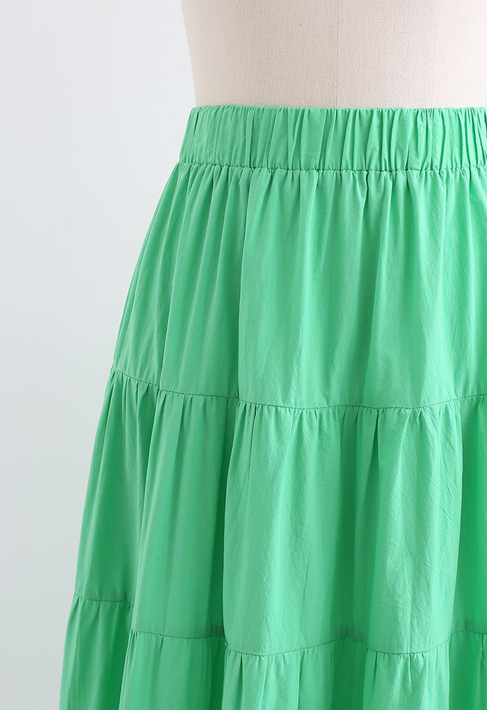 Falda midi de algodón con volantes en color liso en verde
