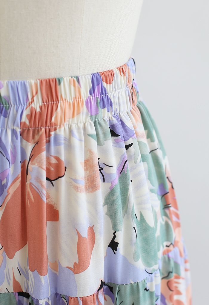 Falda larga de gasa con volantes florales maravillosos en lavanda