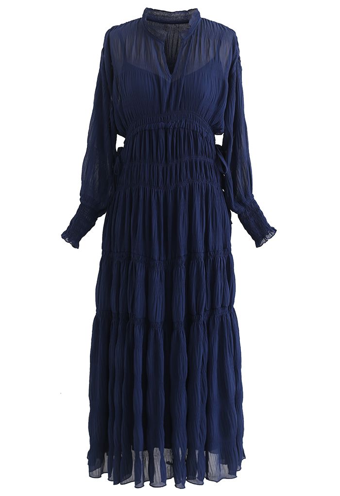 Vestido de gasa con cordón lateral fruncido completo en azul marino
