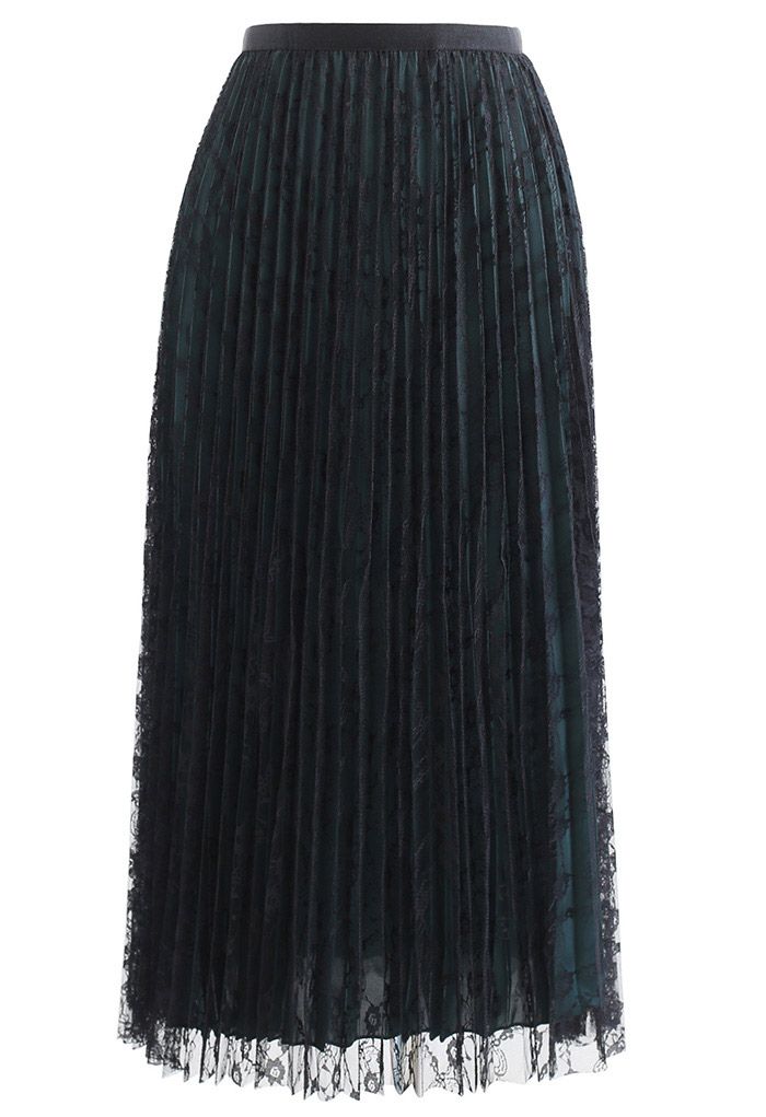 Falda midi plisada de encaje completo en negro