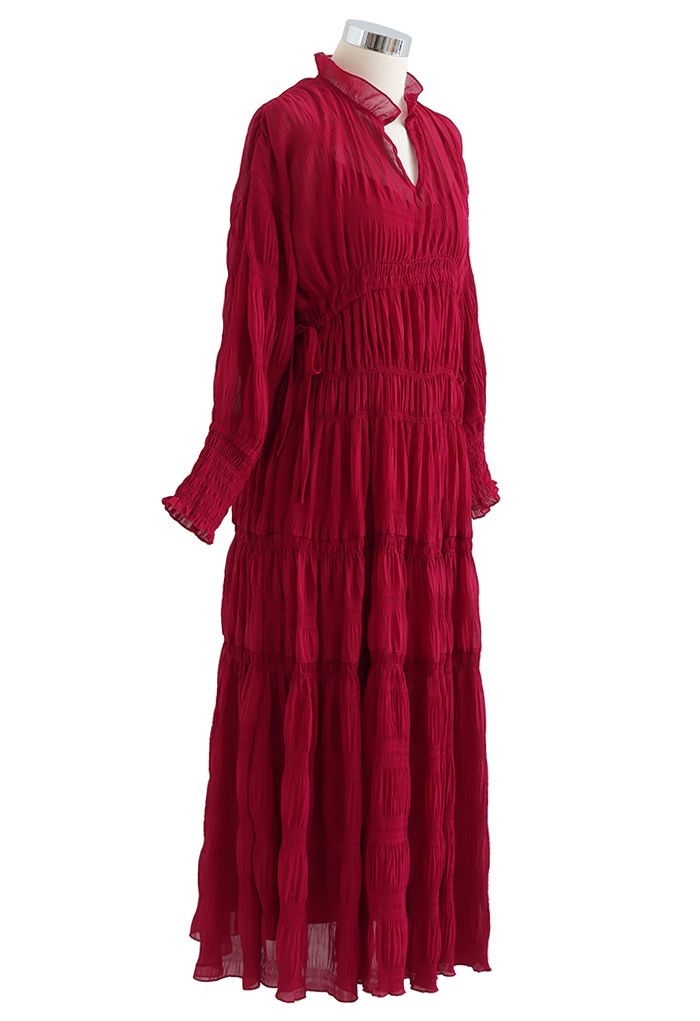 Vestido de gasa con cordón lateral fruncido completo en rojo