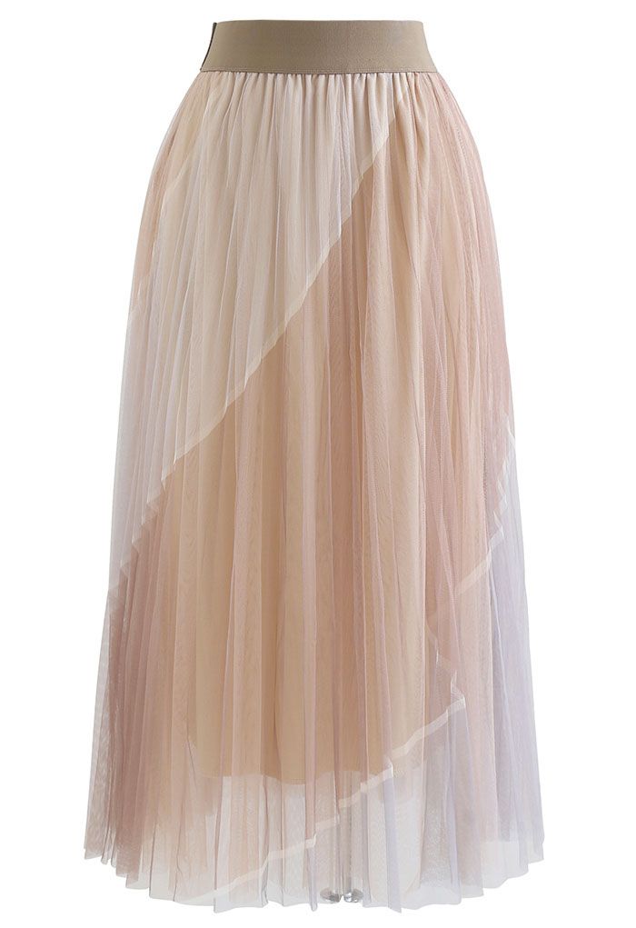 Falda midi de tul de malla de bloque de color de doble capa en caramelo